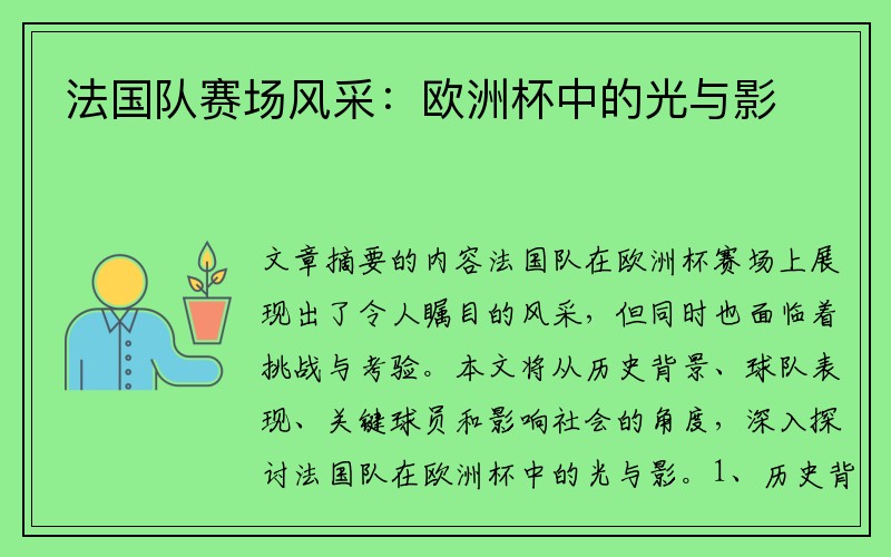 法国队赛场风采：欧洲杯中的光与影