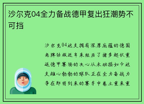 沙尔克04全力备战德甲复出狂潮势不可挡